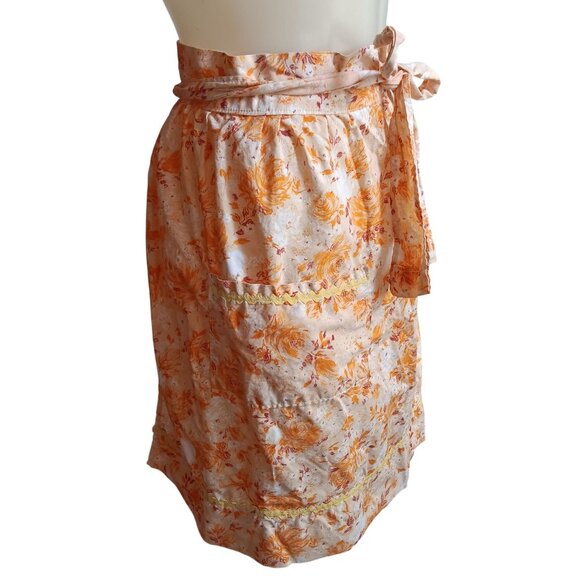 Vintage Kitchen Apron Floral Orange Rose Print Tie Waist Handmade trad Wife 50s - Picture 2 of 4